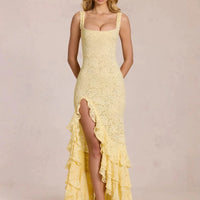 Summer Sexy Yellow Lace Dress High Waist Slim Fit Ruffle Edge Square Collar Backless Strap Women's Long Dresses 2026 New ﻿