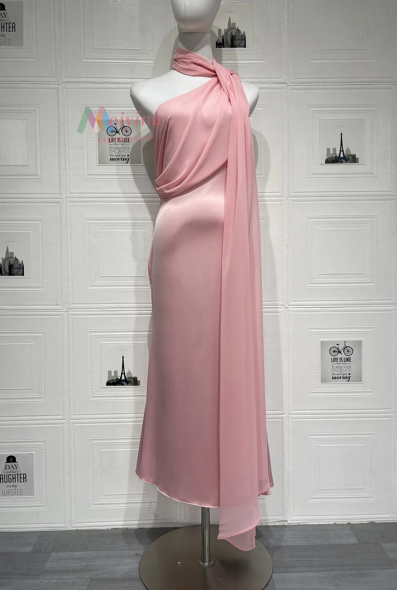 Halter Neck Satin Midi Dress with Sash