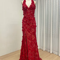 Halter Neck 3D Floral Lace Mermaid Gown