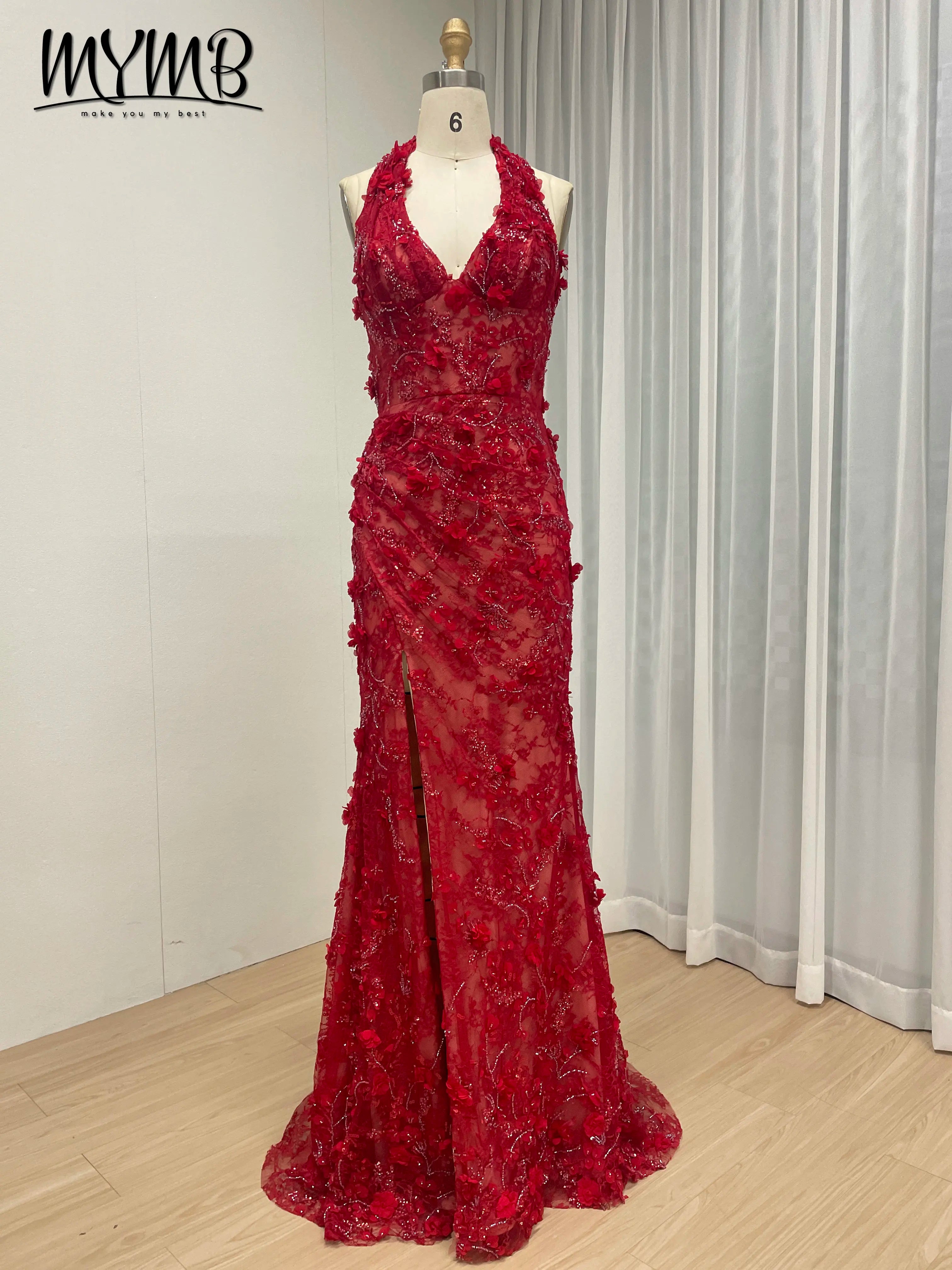 Halter Neck 3D Floral Lace Mermaid Gown
