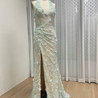 Halter Neck 3D Floral Lace Mermaid Gown