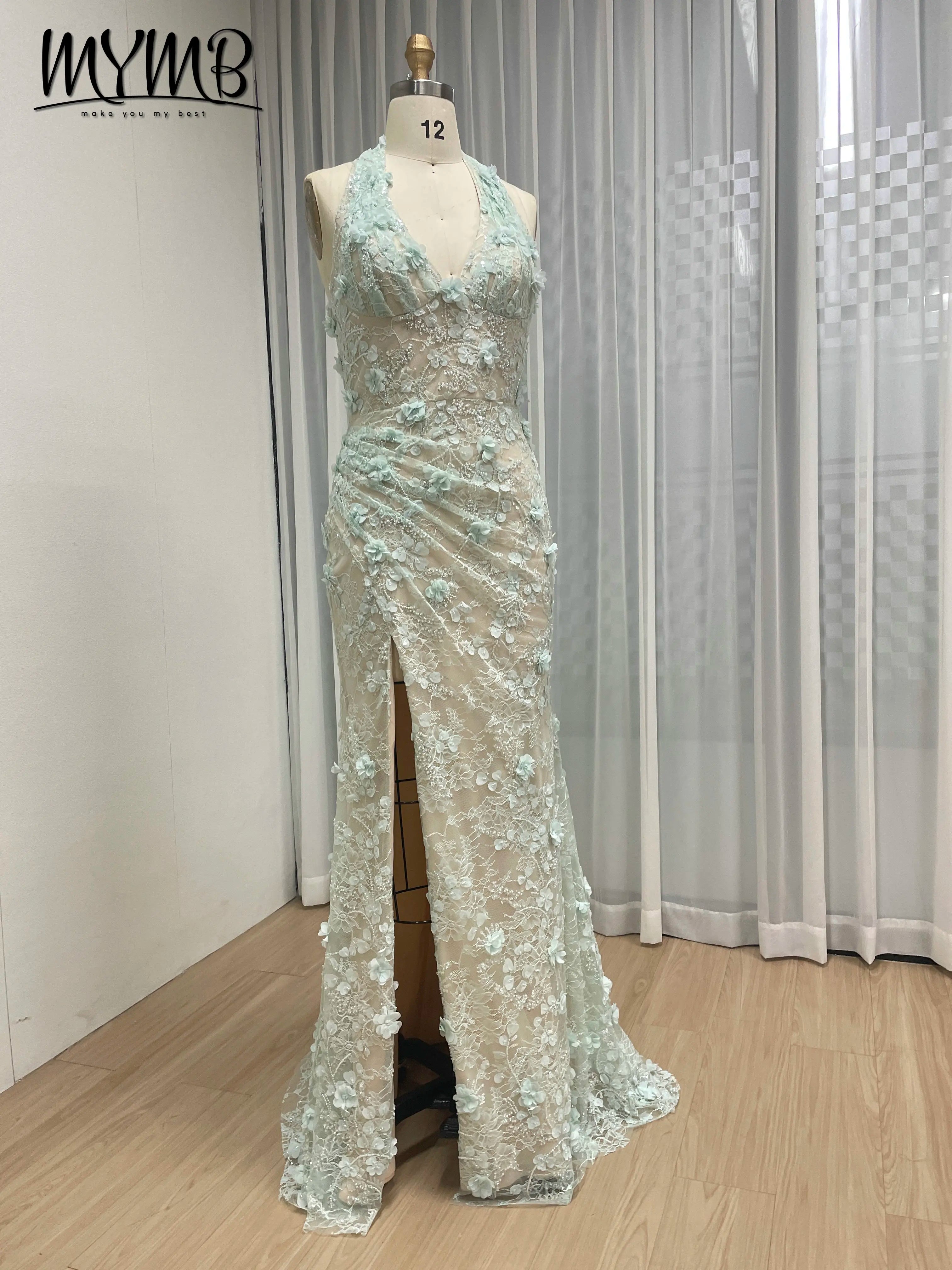 Halter Neck 3D Floral Lace Mermaid Gown