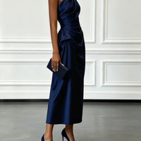 Ruched Satin One-Shoulder Maxi Dress