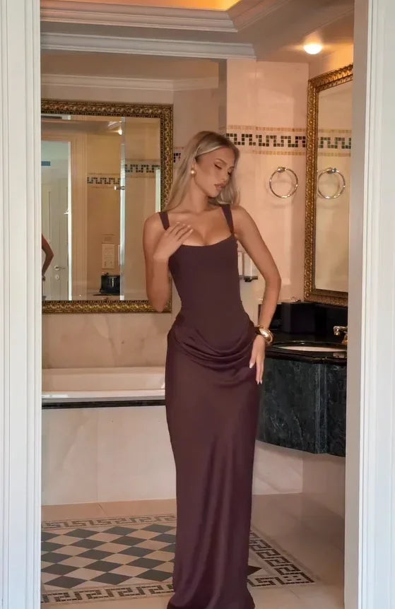 Solid Pleated Sling Dress Women Square Neck Sleeveless Off-shoulder Waist Cinching Slim Dresses Lady Summer Evening Party Gowns