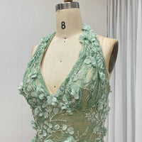 Halter Neck 3D Floral Lace Mermaid Gown