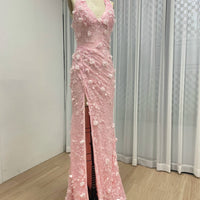 Halter Neck 3D Floral Lace Mermaid Gown