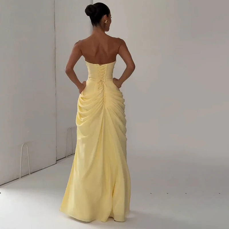 Off-Shoulder Pleated A-Line Maxi Dress