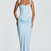 Solid Pleated Sling Dress Women Square Neck Sleeveless Off-shoulder Waist Cinching Slim Dresses Lady Summer Evening Party Gowns