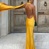 Satin Halter Backless Maxi Dress