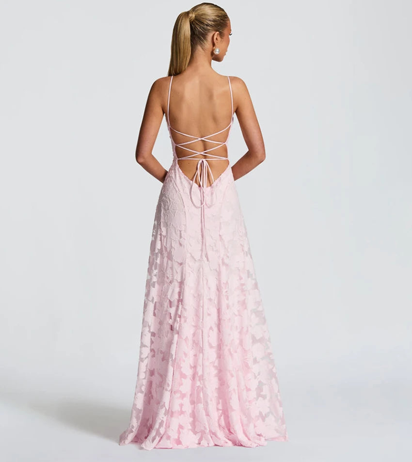 Floral Embroidery Backless Maxi Dress