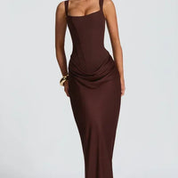 Solid Pleated Sling Dress Women Square Neck Sleeveless Off-shoulder Waist Cinching Slim Dresses Lady Summer Evening Party Gowns