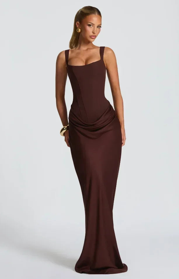 Solid Pleated Sling Dress Women Square Neck Sleeveless Off-shoulder Waist Cinching Slim Dresses Lady Summer Evening Party Gowns