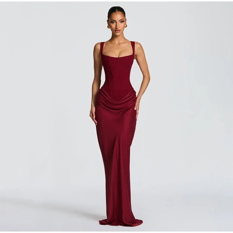 Solid Pleated Sling Dress Women Square Neck Sleeveless Off-shoulder Waist Cinching Slim Dresses Lady Summer Evening Party Gowns