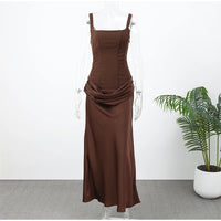 Solid Pleated Sling Dress Women Square Neck Sleeveless Off-shoulder Waist Cinching Slim Dresses Lady Summer Evening Party Gowns