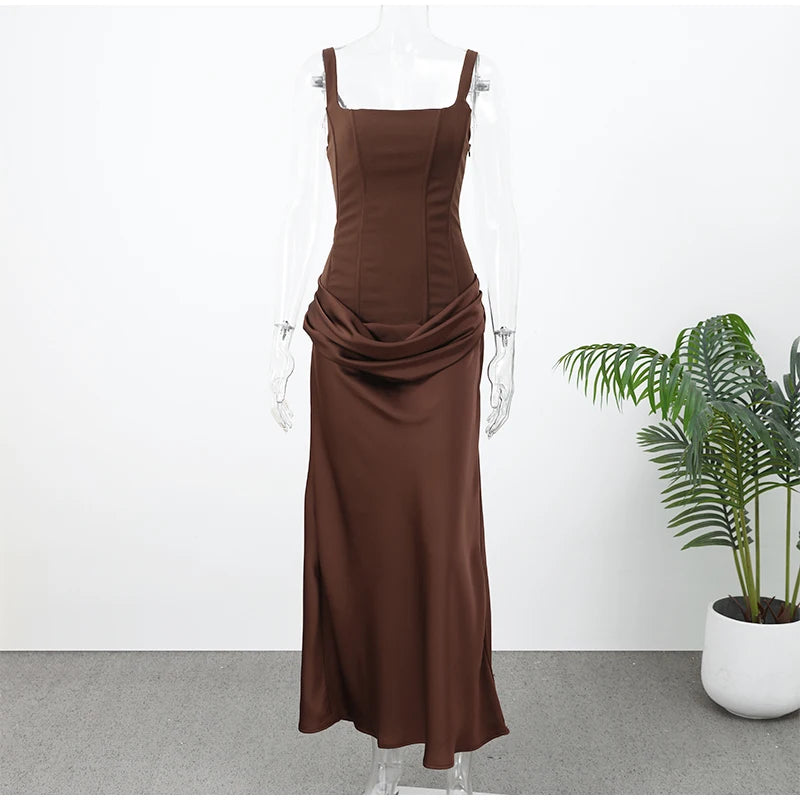 Solid Pleated Sling Dress Women Square Neck Sleeveless Off-shoulder Waist Cinching Slim Dresses Lady Summer Evening Party Gowns
