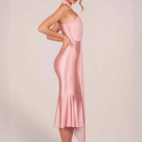 Halter Neck Satin Midi Dress with Sash