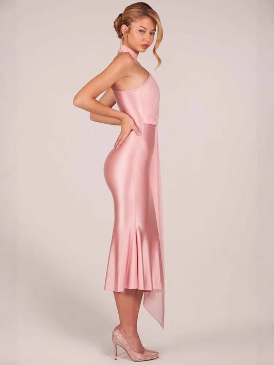 Halter Neck Satin Midi Dress with Sash