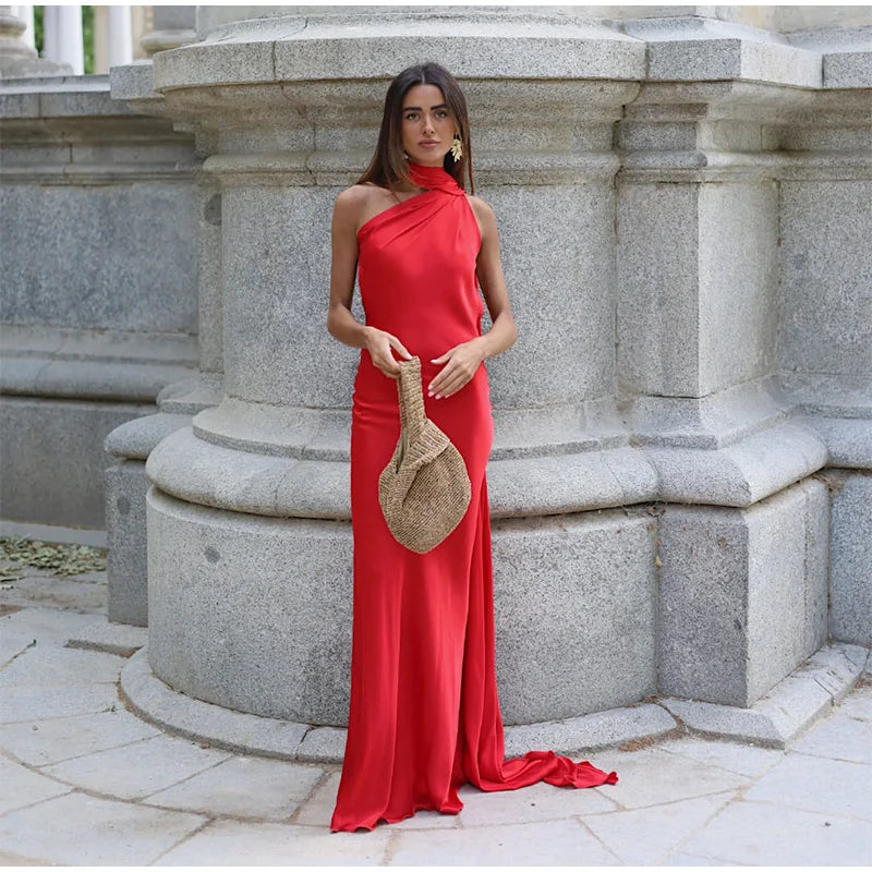 Satin Halter Backless Maxi Dress