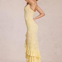 Summer Sexy Yellow Lace Dress High Waist Slim Fit Ruffle Edge Square Collar Backless Strap Women's Long Dresses 2026 New ﻿