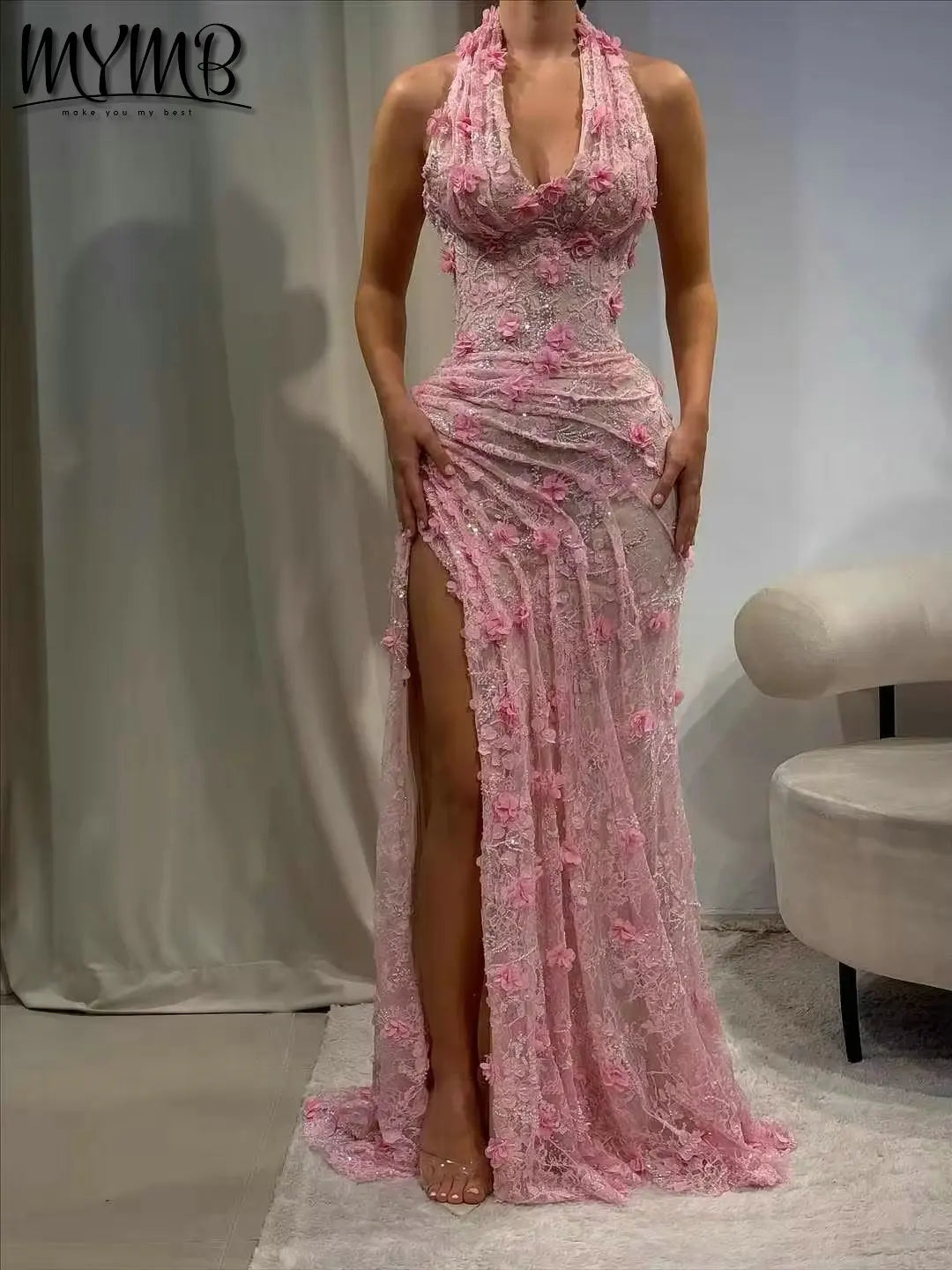 Halter Neck 3D Floral Lace Mermaid Gown