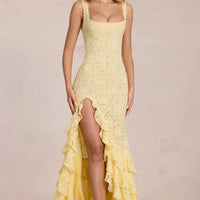 Summer Sexy Yellow Lace Dress High Waist Slim Fit Ruffle Edge Square Collar Backless Strap Women's Long Dresses 2026 New ﻿