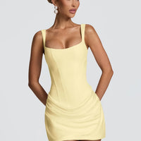 Solid Pleated Sling Dress Women Square Neck Sleeveless Off-shoulder Waist Cinching Slim Dresses Lady Summer Evening Party Gowns