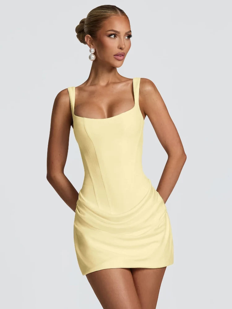 Solid Pleated Sling Dress Women Square Neck Sleeveless Off-shoulder Waist Cinching Slim Dresses Lady Summer Evening Party Gowns