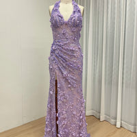 Halter Neck 3D Floral Lace Mermaid Gown
