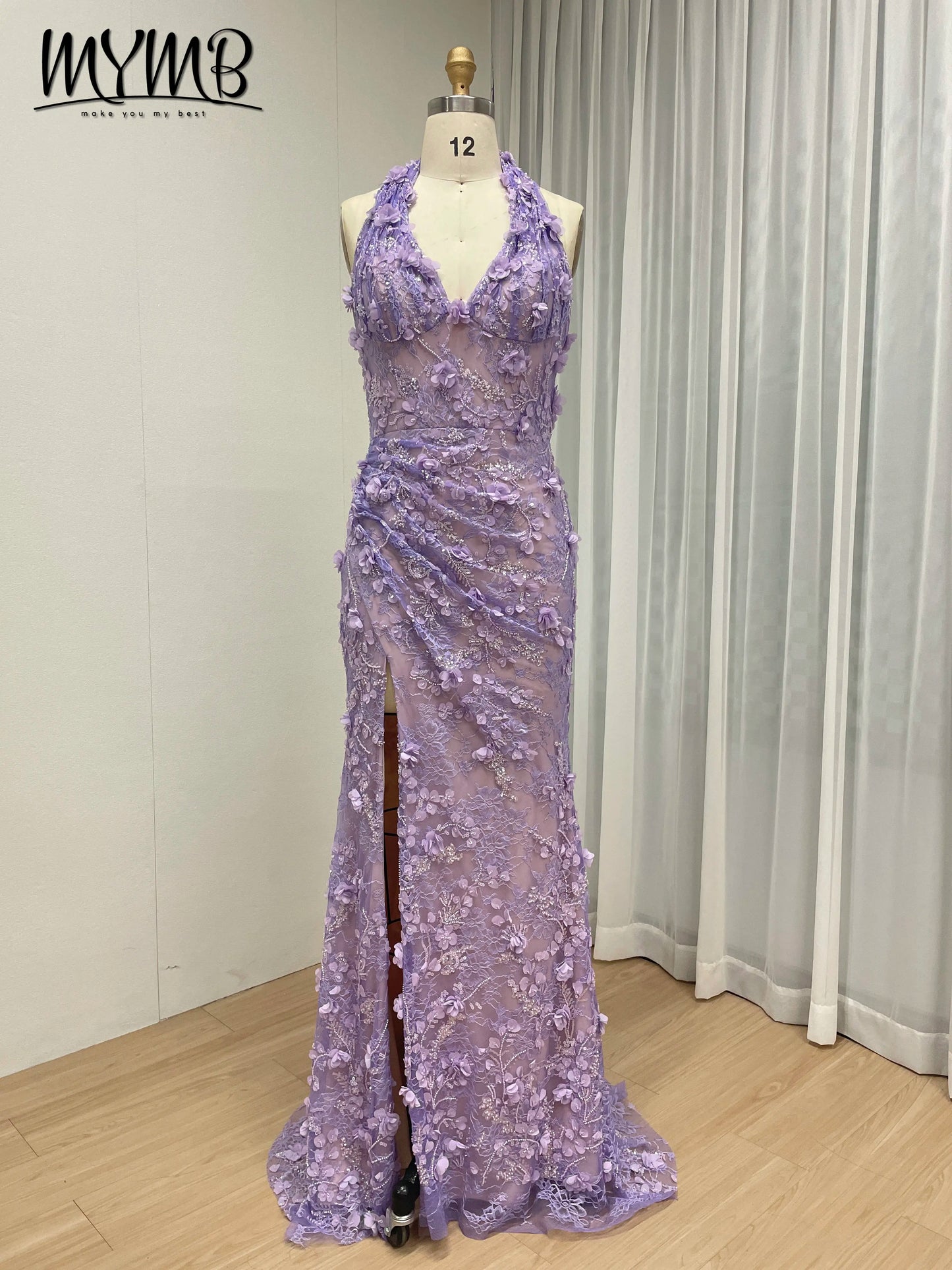 Halter Neck 3D Floral Lace Mermaid Gown