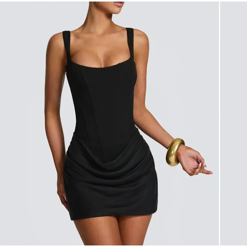 Solid Pleated Sling Dress Women Square Neck Sleeveless Off-shoulder Waist Cinching Slim Dresses Lady Summer Evening Party Gowns