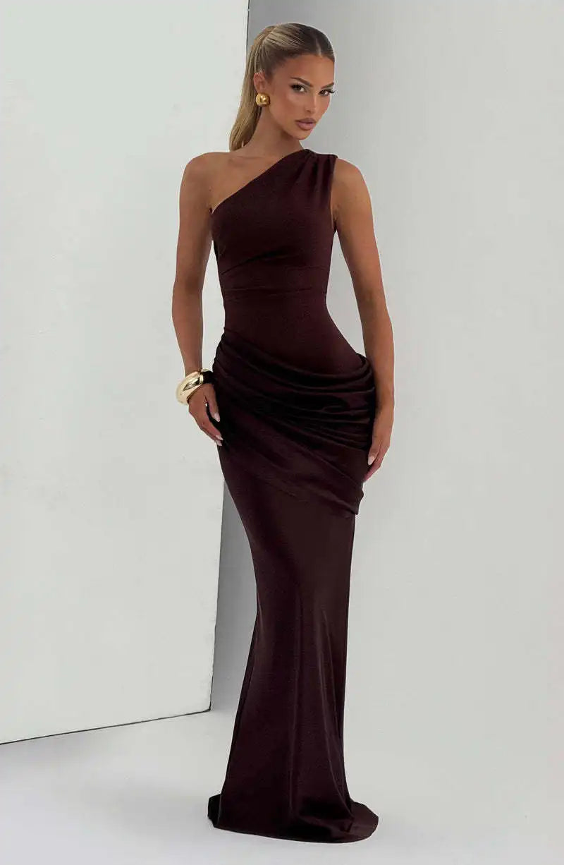 One-Shoulder V-Neck Sheath Maxi Dress