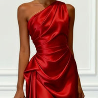 Ruched Satin One-Shoulder Maxi Dress