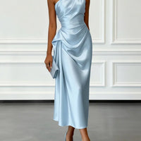 Ruched Satin One-Shoulder Maxi Dress