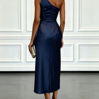 Ruched Satin One-Shoulder Maxi Dress