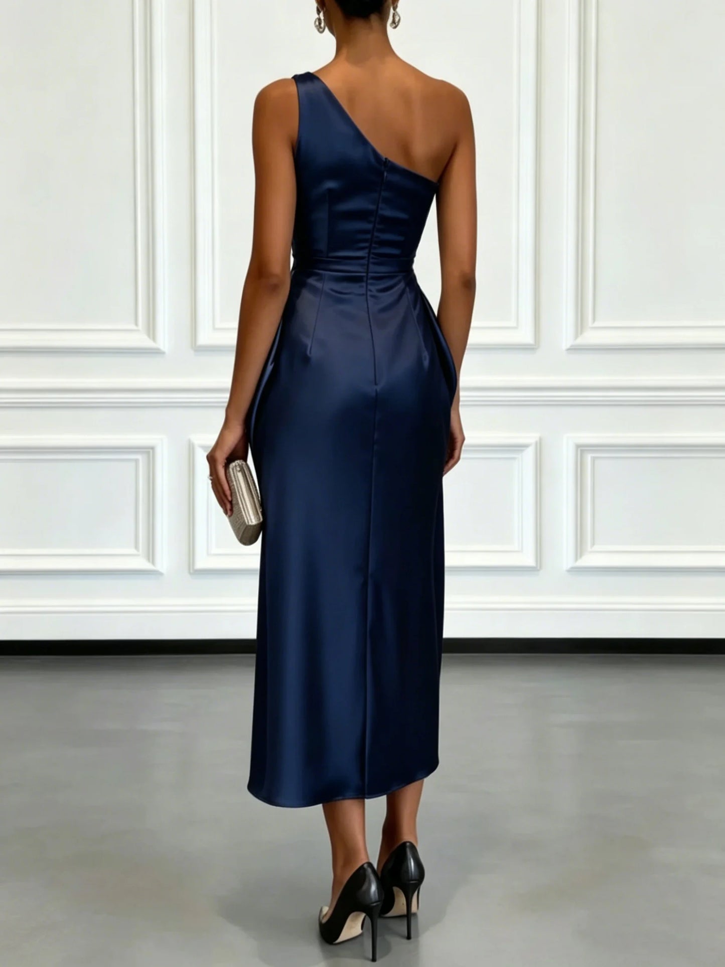 Ruched Satin One-Shoulder Maxi Dress