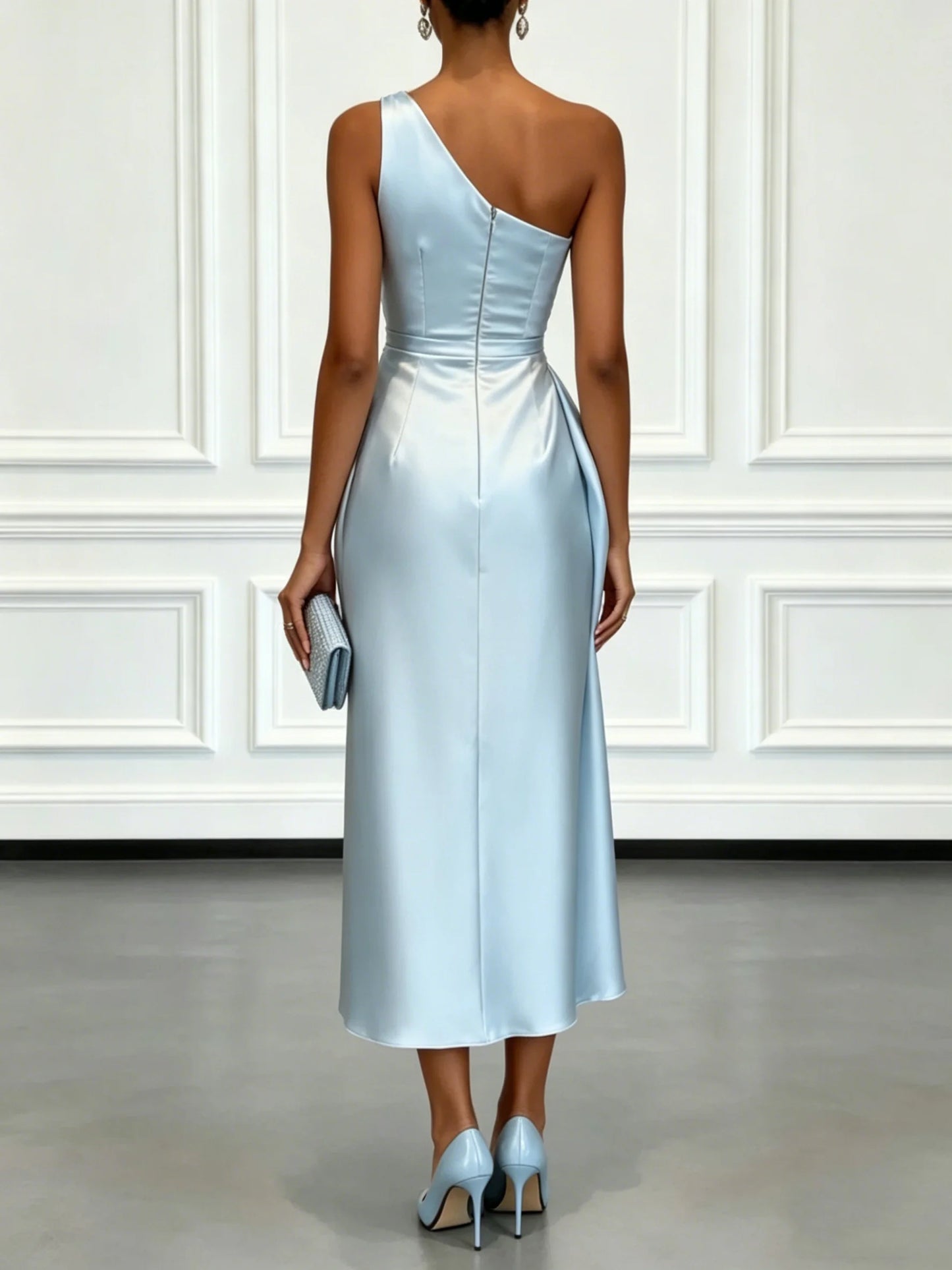 Ruched Satin One-Shoulder Maxi Dress