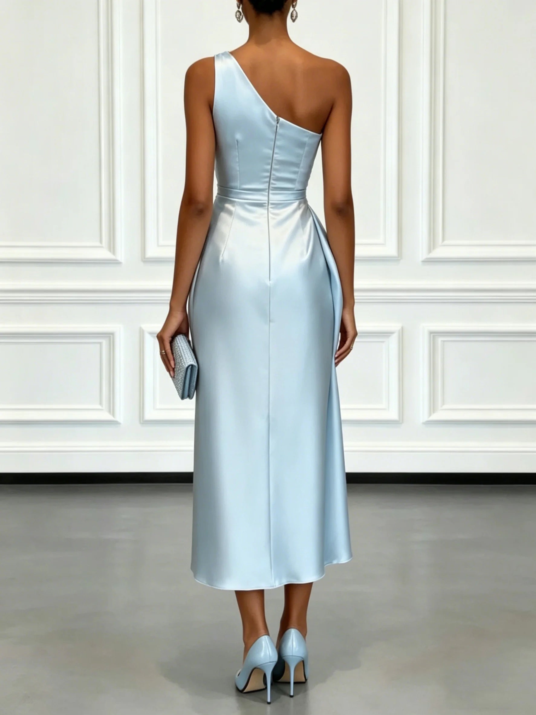 Ruched Satin One-Shoulder Maxi Dress