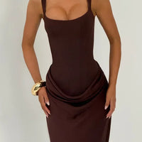 Solid Pleated Sling Dress Women Square Neck Sleeveless Off-shoulder Waist Cinching Slim Dresses Lady Summer Evening Party Gowns