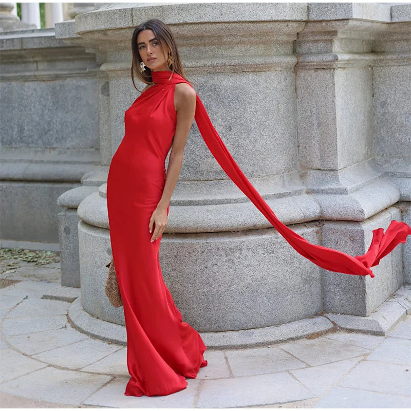 Satin Halter Backless Maxi Dress