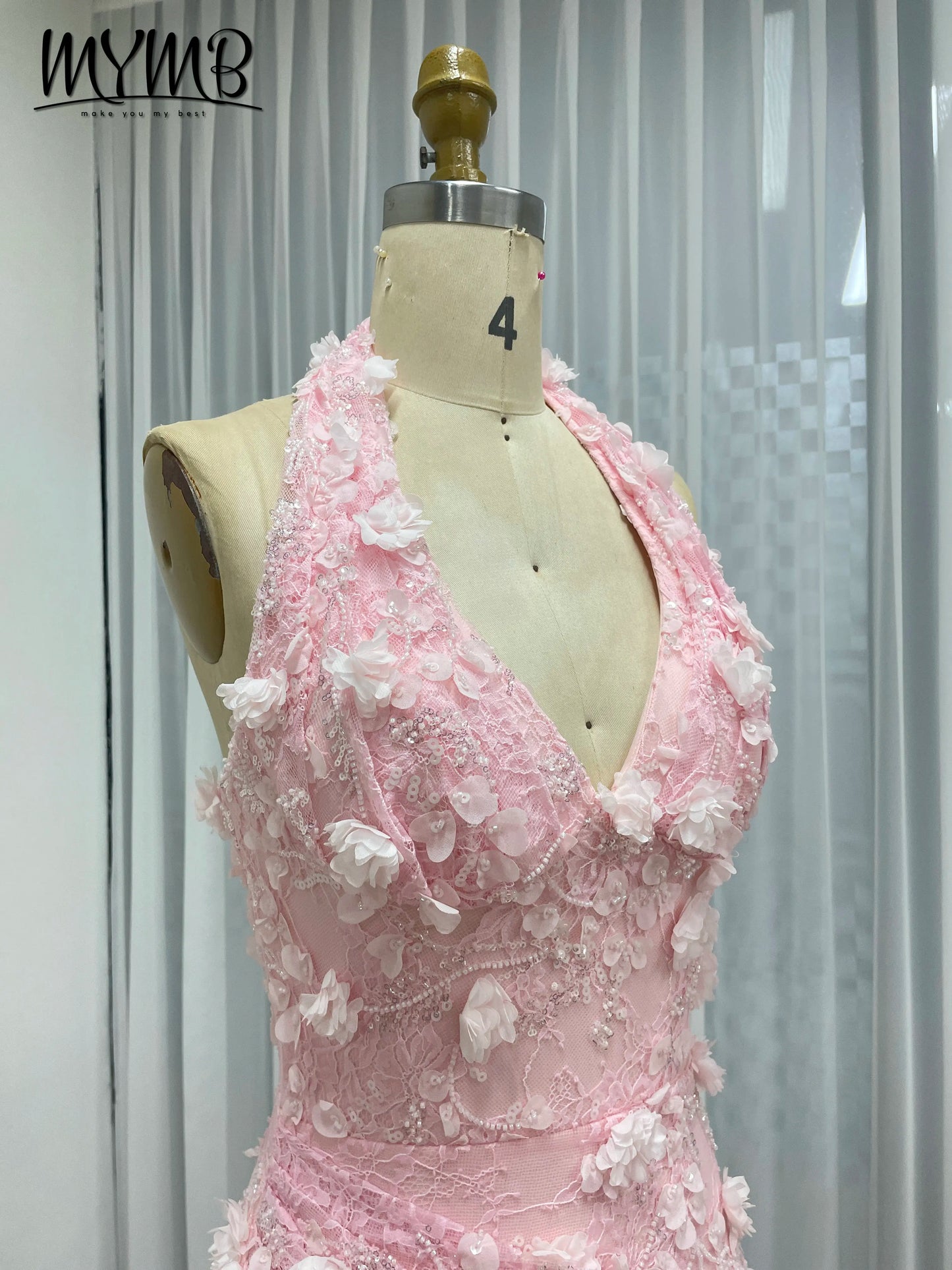 Halter Neck 3D Floral Lace Mermaid Gown