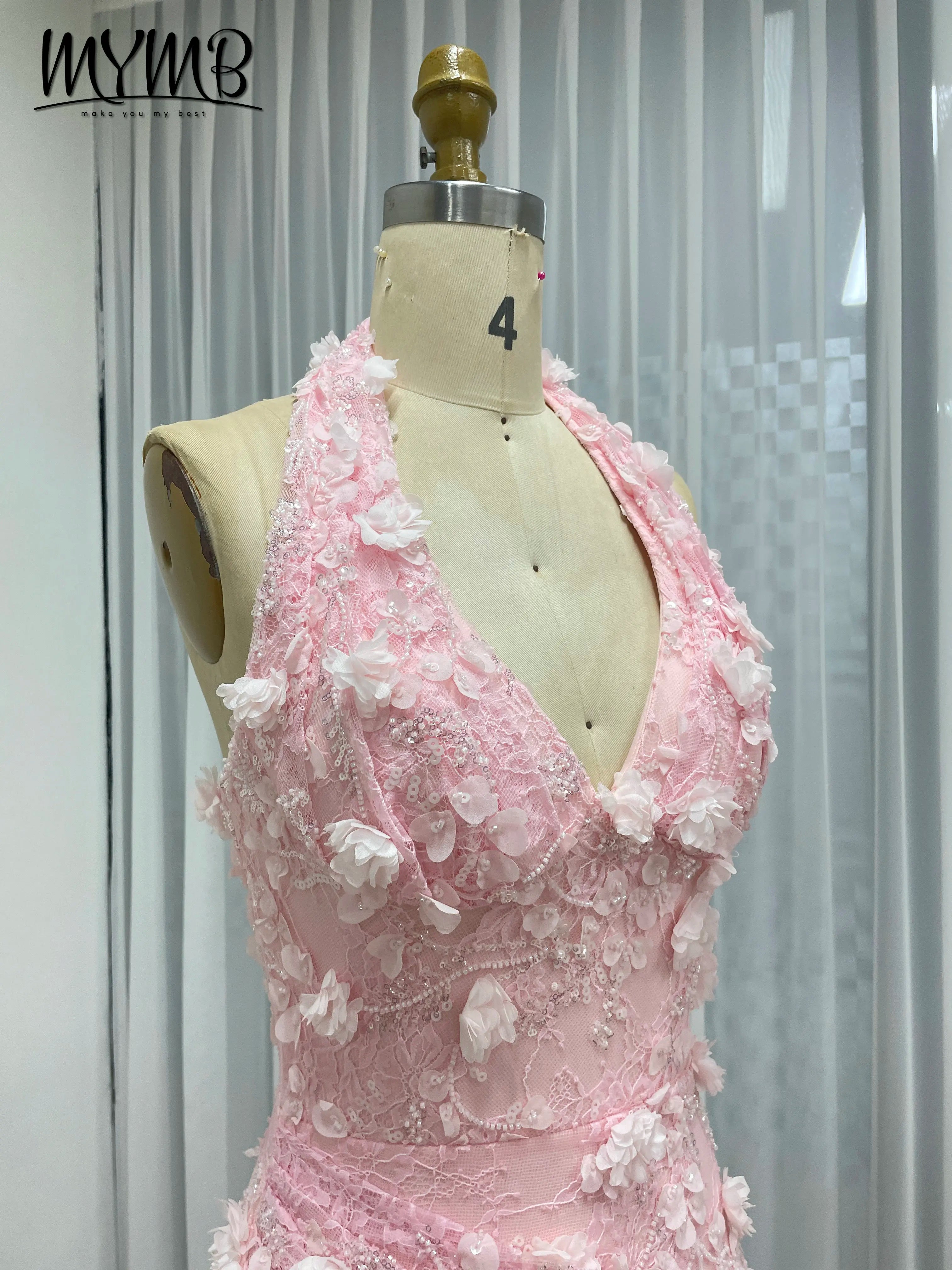 Halter Neck 3D Floral Lace Mermaid Gown