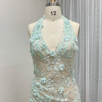 Halter Neck 3D Floral Lace Mermaid Gown