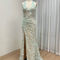 Halter Neck 3D Floral Lace Mermaid Gown
