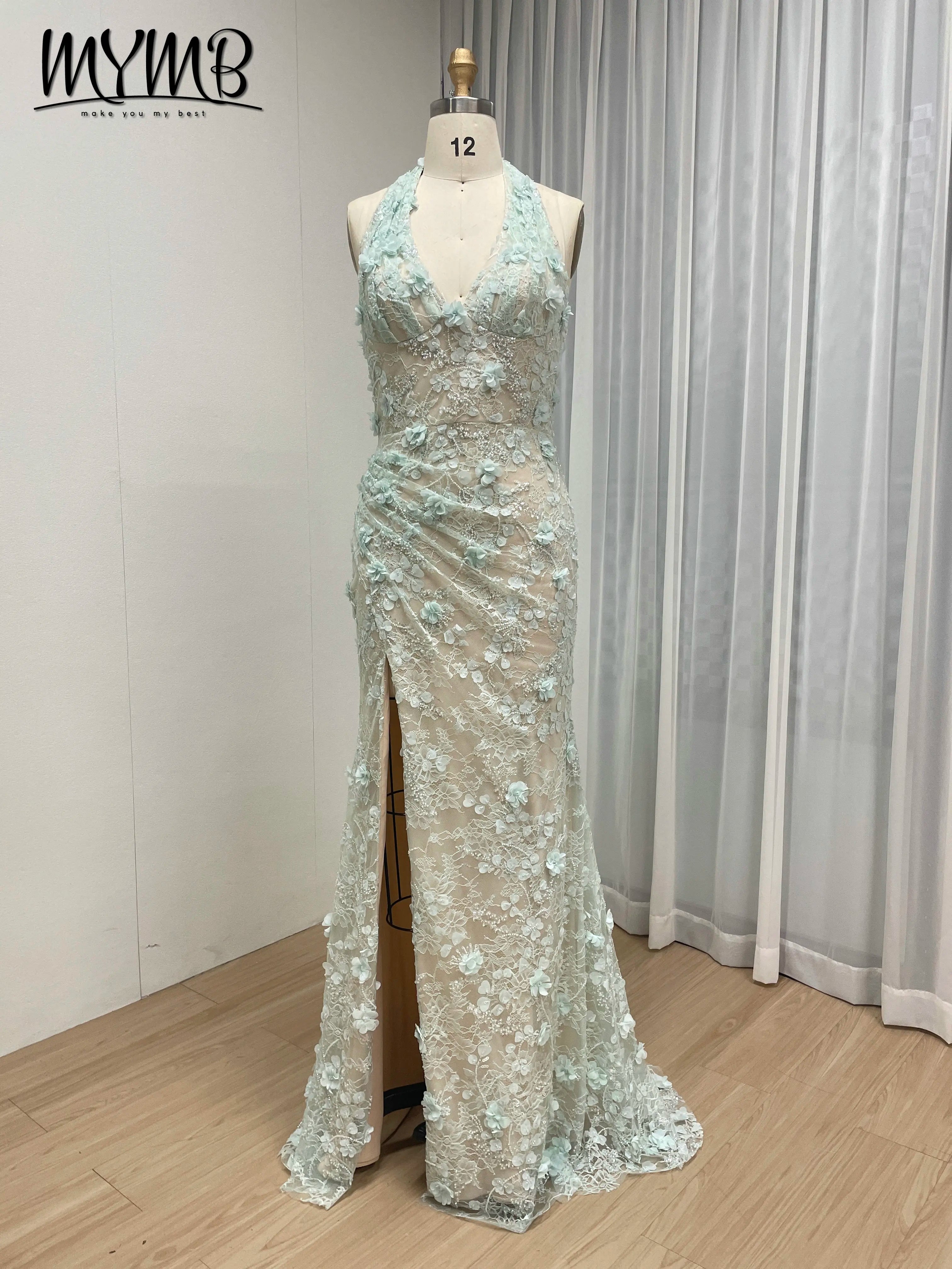 Halter Neck 3D Floral Lace Mermaid Gown