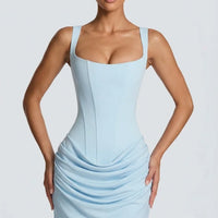 Solid Pleated Sling Dress Women Square Neck Sleeveless Off-shoulder Waist Cinching Slim Dresses Lady Summer Evening Party Gowns