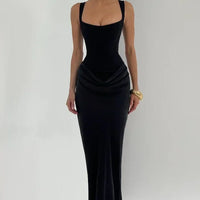 Solid Pleated Sling Dress Women Square Neck Sleeveless Off-shoulder Waist Cinching Slim Dresses Lady Summer Evening Party Gowns
