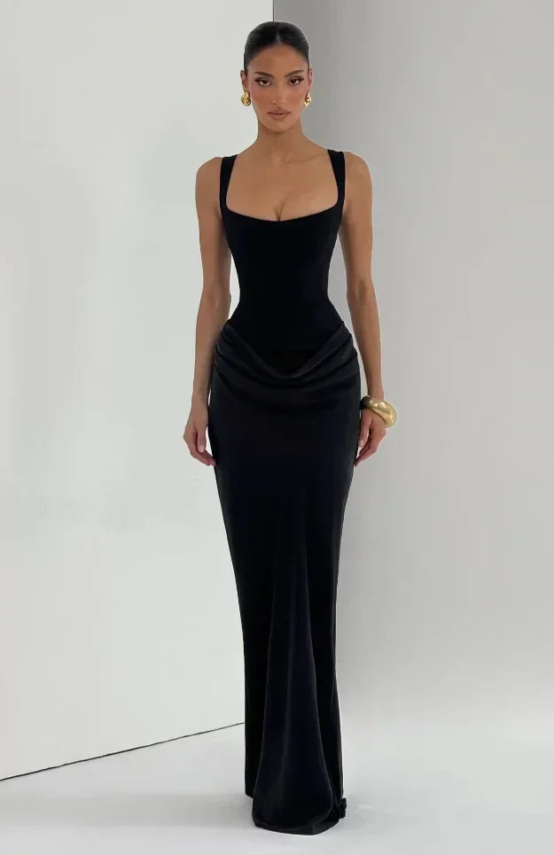 Solid Pleated Sling Dress Women Square Neck Sleeveless Off-shoulder Waist Cinching Slim Dresses Lady Summer Evening Party Gowns