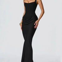 Solid Pleated Sling Dress Women Square Neck Sleeveless Off-shoulder Waist Cinching Slim Dresses Lady Summer Evening Party Gowns