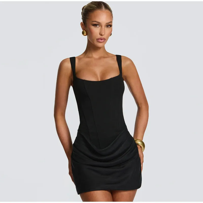 Solid Pleated Sling Dress Women Square Neck Sleeveless Off-shoulder Waist Cinching Slim Dresses Lady Summer Evening Party Gowns