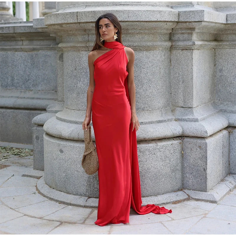 Satin Halter Backless Maxi Dress